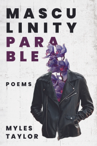 Masculinity Parable by Myles Taylor featuring a picture of a leather jacket with a purple flower sprouting from the neckline against a white background. 
