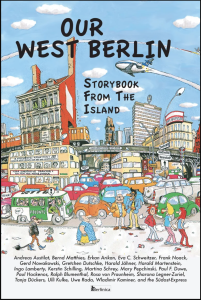 Our West Berlin: Storybook from the Island featuring colorful cartoon artwork of people and cars in a city under a blue cloudy sky.