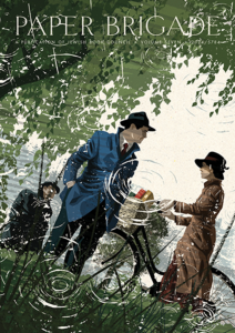 Paper Brigade Issue 7 featuring artwork of two men and a woman in old-fashioned clothing with a bike in the reflection of a pond. 