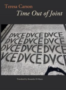 Time Out of Joint by Teresa Carson featuring a photograph of the letters “D”, C”, “V”, and “E” repeated on the pavement and the shadow of a hand holding up a phone to take a picture surrounded by a black border. 