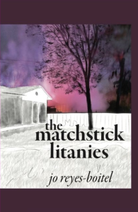The Matchstick Litanies by Jo Reyes-Boitel featuring purple and pink artwork of a house’s backyard against a sunset surrounded by a purple background.