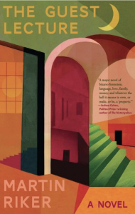 The Guest Lecture by Martin Riker featuring abstract illusion art of stairways and doorways in colors of orange, pink, and green with a crescent moon at the top.