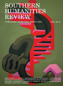 Southern Humanities Review Volume 56, Issue 4 featuring abstract artwork in green, pink, and red colors of a figure hanging down a spiral staircase and reaching for a small house at the bottom.