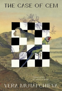 Cover of The Case of Cem by Vera Mutafchieva, featuring a black white and transparent checkboard pattern with animals peeking out of the transparent squares, with an illustrated landscape behind it.