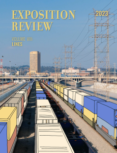 Cover of Issue 8 of The Exposition Review, featuring an illustration of three trains on top of a photo of railroad tracks on a sunny day.