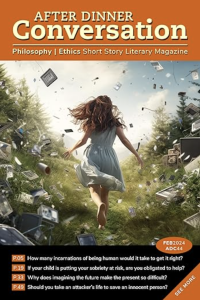 Cover of After Dinner Conversation featuring a girl running between hills with papers around her.