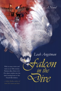 Cover of Falcon in the Dive featuring a red white and blue image of a falcon diving, with a scene of a woman running superimposed.