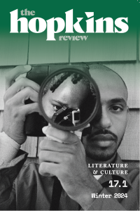 Cover of Hopkins Review featuring a man looking through a camera, with the lens reflecting a child's face.