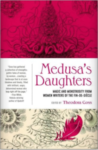 Cover of Medusa's Daughters featuring illustrations of feathers and vines on a pink and white background.