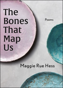 Cover of The Bones That Map Us featuring pink and blue plates on a gray table.
