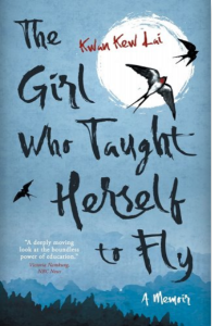 Cover of The Girl Who Taught Herself to Fly by Kwan Kew Lai, featuring an illustration of three swallows flying against a background of blue mountains, blue sky, and green forest.