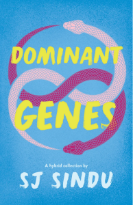 Cover of Dominant Genes by SJ Sindu, featuring a pink snake and a purple snake twining into an infinity symbol on a light blue background.