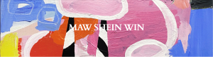 Cover image for “Dream Log” by Maw Shein Win, featuring a pink, blue, red, and white abstract painting.