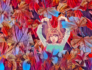 Cover image for "Mother Warns Us of Men" by Shareen K. Murayama, featuring a person holding up two strands of their hair on a background of colorful falling leaves.