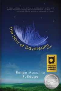Cover of The Hour of Daydreams by Renee Macalino Rutledge, featuring a white feather falling against a starry night sky.