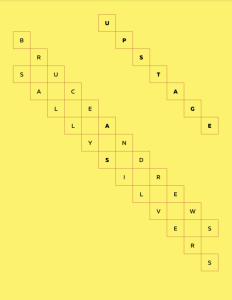 Cover of Upstage by Bruce Andrews and Sally Silvers, featuring the title and the authors' names in a mosaic pattern on a bright yellow background.