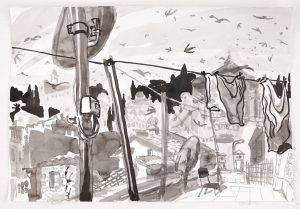 Cover image for Zone 3's May 2024 issue, featuring a black and white illustration of a telephone line with laundry on it, a cityscape in the background.