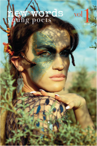 Cover of the new words press young poets issue, featuring a photo of a person looking out at the reader, a dark turquoise and gold butterfly painted across half their face.