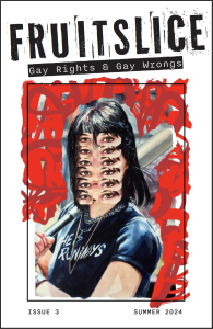 Cover of Fruitslice, featuring a picture of a white woman with short dark hair and vertically repeating eyes on a red background.