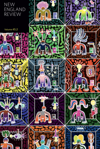 Cover of the New England Review, featuring several rainbow iterations of an abstract illustration of a person kneeling in a room.
