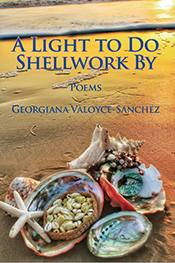 Cover of A Light to Do Shellwork By by Georgiana Valoyce-Sanchez, featuring dark blue text and a photograph of multi-colored seashells and a starfish on sand that is reflecting orange sunlight. 