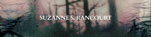 Cover of “Black & Tan” by Suzanne S. Rancourt, featuring the author’s name in white text over a blurred photograph of the silhouettes of trees against a pink background. 