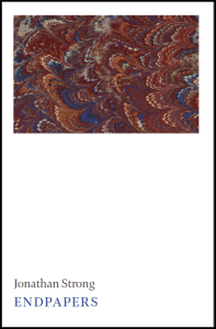 Cover of Endpapers by Jonathan Strong, featuring blue text on a white background and a rectangular abstract illustration of a wavy, multicolored arch pattern on a maroon background.