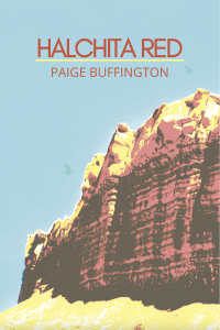 Cover of Halchita Red by Paige Buffington, featuring an illustration of a tall red rock in yellow sand against a light blue background. 