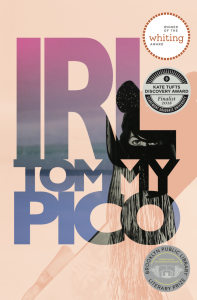 Cover of IRL by Tommy Pico, featuring a peach background with gradient pink, gray, and blue text that has a black and white photograph of a masked face inside of it.