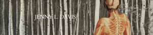Cover of “Life and Limb” by Jenny L. Davis, featuring an illustration of a person with their nervous system visible over a black and white photograph of a forest full of thin trees. 