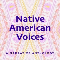 Cover of Native American Voices: A Narrative Anthology featuring purple text over a background with a pink, orange, and yellow geometric pattern. 