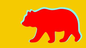 Cover of “The Bear Essentials” by Annette Saunooke Clapsaddle, featuring a yellow background with a red silhouette of a bear surrounded by a cerulean outline. 