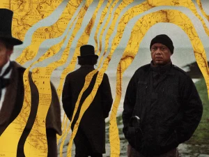 Cover of “Those Who Know: Exterminate All the Brutes and the Limits of Rewriting the Narrative” by Nick Martin, featuring a collage with a yellow map forming an arch pattern over a photograph of three men wearing all black standing on a green cliff overlooking a body of water. 