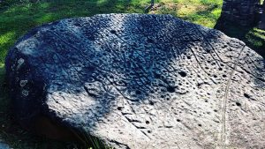 Cover of “Where’s the Reservation?” by Annette Saunooke Clapsaddle, featuring a photograph of a round gray stone with markings etched into it and a tree’s shadow cast over it. 