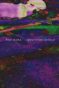 Cover of apparitions (nines) by Nat Raha featuring an infrared photograph of grass and leaves on the edge of a pond.