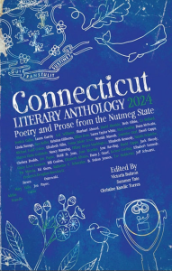 Cover of Connecticut Literary Anthology, featuring a blue background with illustrations of the Connecticut flag, leaves, flowers, a whale, and a tower viewer. 