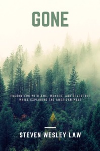Cover of Gone by Steven Wesley Law, featuring a forest of evergreen trees photographed from above and fading into a cream background.
