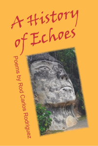 Cover of A History of Echoes by Rod Carlos Rodriguez, featuring red text on a yellow background and a photograph of a large statue of a man’s face surrounded by vegetation.