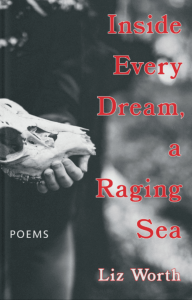 Cover of Inside Every Dream, a Raging Sea by Liz Worth featuring red text over a black and white photograph of a person’s hands holding an animal’s skull. 