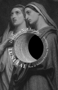 Cover of Lunulae: New & Selected Poems in Translation by Doireann Ní Ghríofa, featuring a black and white illustration of two female religious figures looking upward with a circular hole cut in the middle of the drawing.