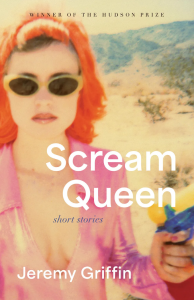 Cover of Scream Queen by Jeremy Griffin, featuring a photograph of a woman on a beach wearing yellow sunglasses, an orange wig, and a shiny pink top holding a water gun.