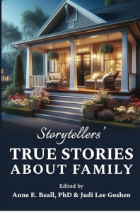Cover of Storytellers’ True Stories About Family, featuring a photorealistic illustration of a suburban house at night with a lit porch that has chairs on it.