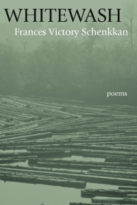 Cover of Whitewash by Frances Victory Schenkkan featuring a green-tinted photograph of logs floating on water with trees in the distance. 