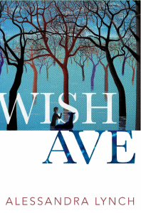 Cover of Wish Ave by Alessandra Lynch, featuring an illustration of tall brown trees against a sky blue background and a woman standing beside the silhouette of an animal.