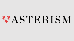 Asterism Books logo, black type with 3 red asterisks