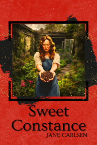 Cover of Sweet Constance, featuring an image of a woman holding a handful of worms in a garden, on a red background.