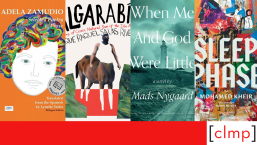 A red and white graphic featuring 4 book covers from the National Translation Month 2025 reading list.
