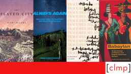 A red and white graphic featuring 4 book covers from the Filipino American History Month reading list.