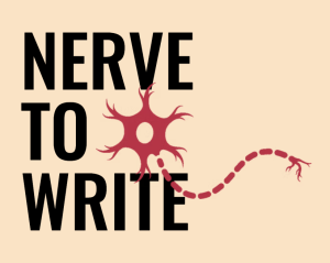 Nerve to Write logo featuring black text and an illustration of a nerve or synapse in red on a beige background
