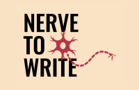 Nerve to Write in black text on a beige field with a red illustration of a nerve or synapse